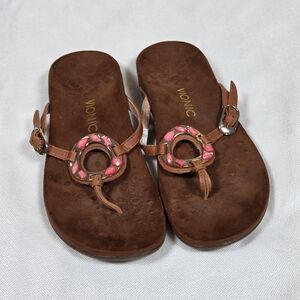 Vionic Women's Vicci US9 Brown Leather Rhinestone FlipFlop Thong Sandal Shoes